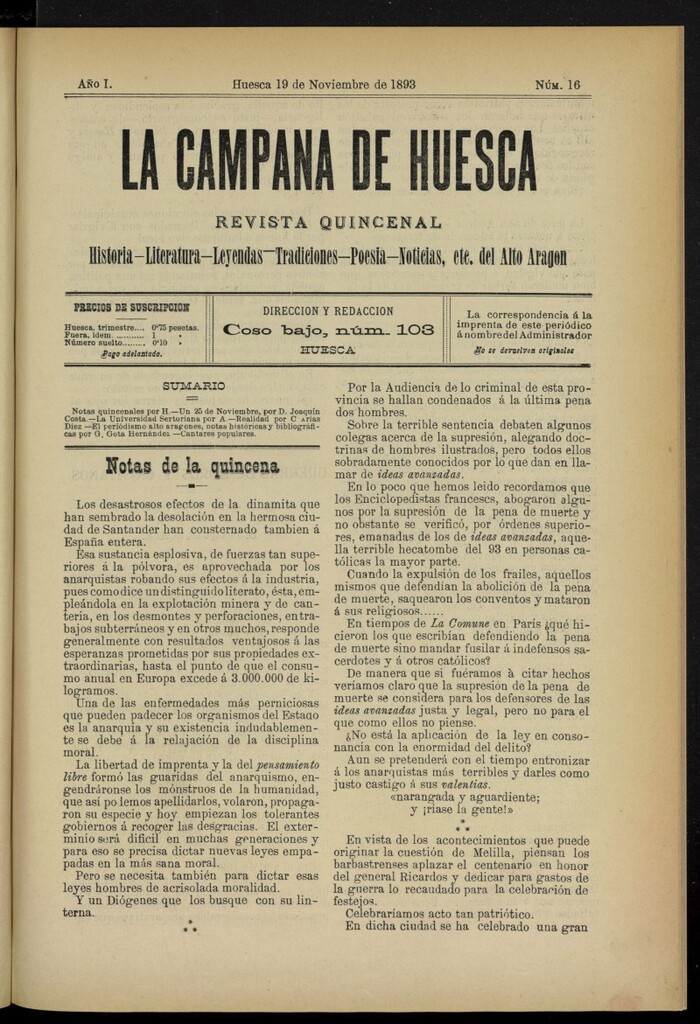 Miniatura de La Campana de Huesca: Historia, Literatura, Leyendas, Tradiciones, Poesía, Noticias, etc., del Alto Aragón del 19 de noviembre de 1893, nº 16