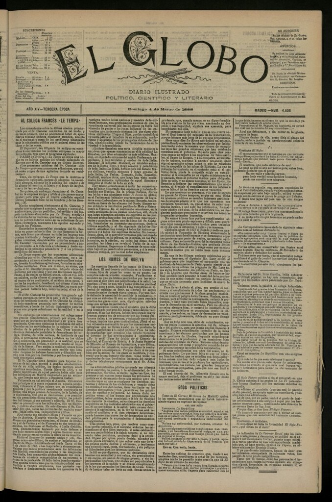 Miniatura de El Globo : diario ilustrado del 4 de marzo de 1888, nº 4506