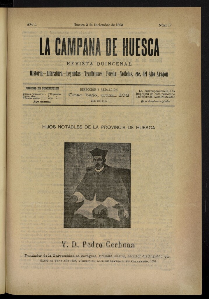 Miniatura de La Campana de Huesca: Historia, Literatura, Leyendas, Tradiciones, Poesía, Noticias, etc., del Alto Aragón del 3 de diciembre de 1893, nº 17