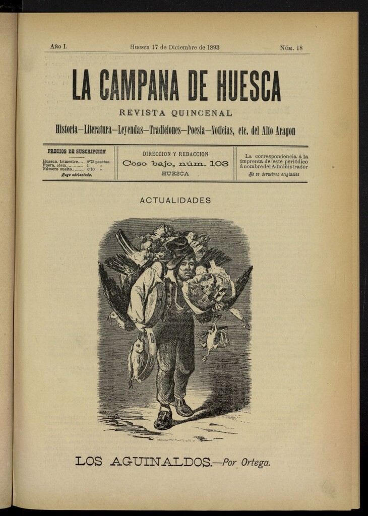 Miniatura de La Campana de Huesca: Historia, Literatura, Leyendas, Tradiciones, Poesía, Noticias, etc., del Alto Aragón del 17 de diciembre de 1893, nº 18