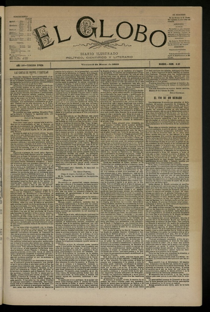 Miniatura de El Globo : diario ilustrado del 9 de marzo de 1888, nº 4511