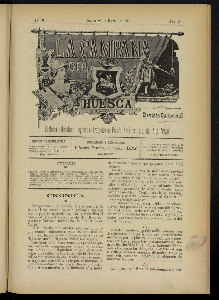 Miniatura de La Campana de Huesca: Historia, Literatura, Leyendas, Tradiciones, Poesía, Noticias, etc., del Alto Aragón del 21 de enero de 1894, nº 20