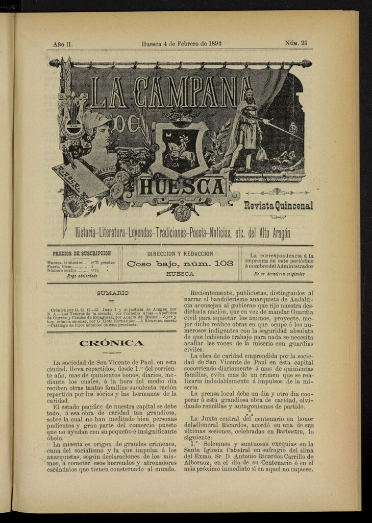 Miniatura de La Campana de Huesca: Historia, Literatura, Leyendas, Tradiciones, Poesía, Noticias, etc., del Alto Aragón del 4 de febrero de 1894, nº 21