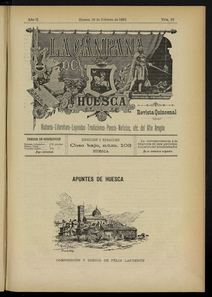 Miniatura de La Campana de Huesca: Historia, Literatura, Leyendas, Tradiciones, Poesía, Noticias, etc., del Alto Aragón del 18 de febrero de 1894, nº 22
