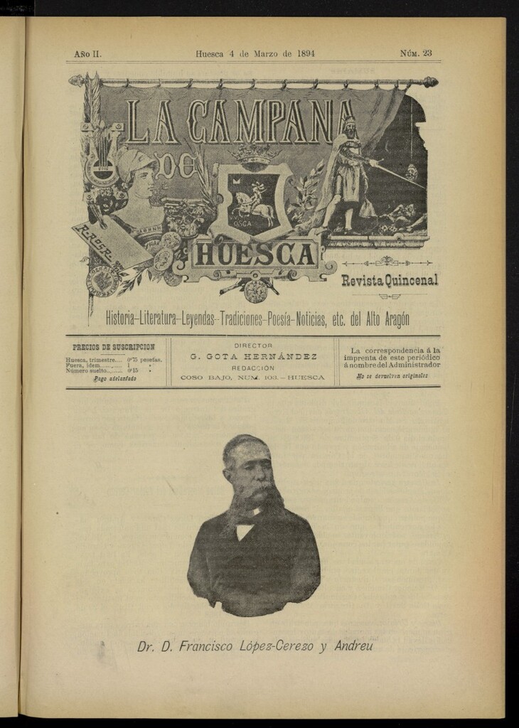 Miniatura de La Campana de Huesca: Historia, Literatura, Leyendas, Tradiciones, Poesía, Noticias, etc., del Alto Aragón del 4 de marzo de 1894, nº 23