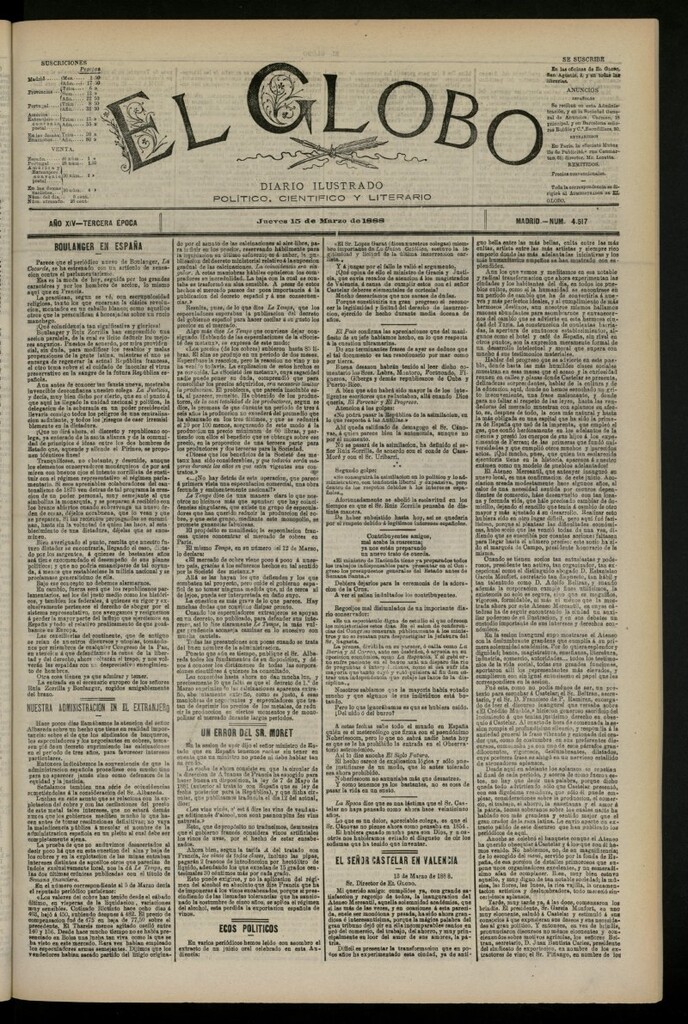 Miniatura de El Globo : diario ilustrado del 15 de marzo de 1888, nº 4517