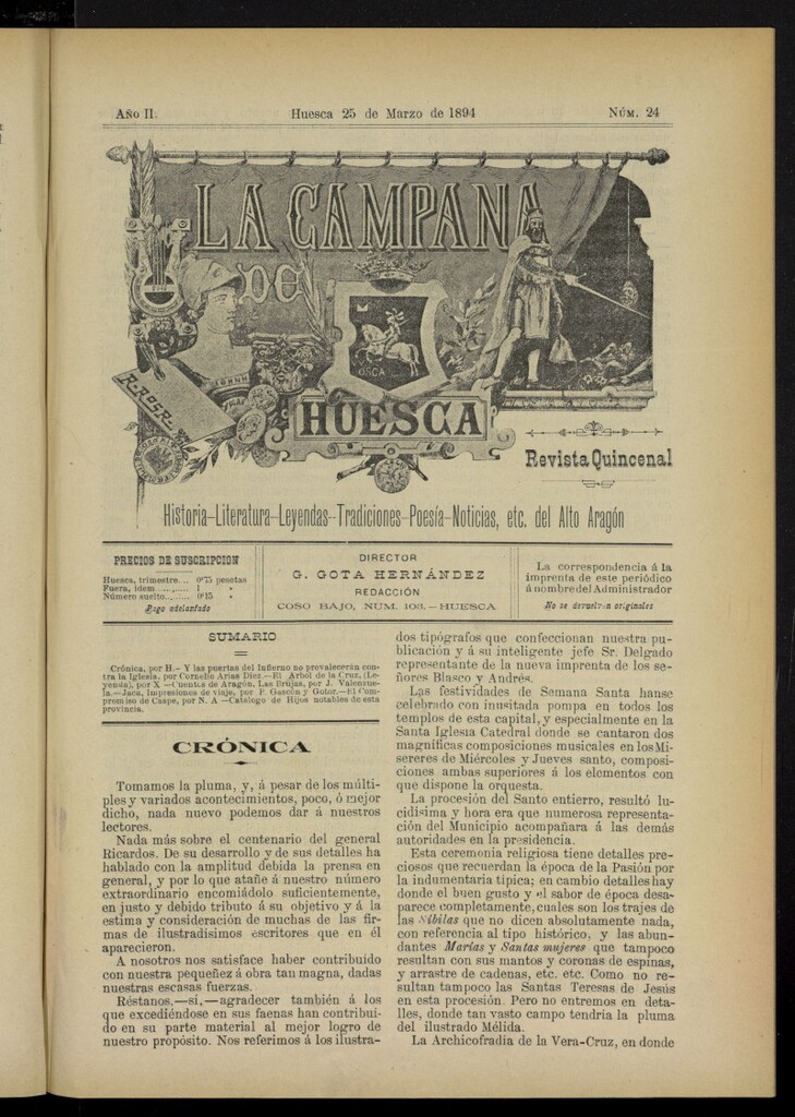 Miniatura de La Campana de Huesca: Historia, Literatura, Leyendas, Tradiciones, Poesía, Noticias, etc., del Alto Aragón del 25 de marzo de 1894, nº 24