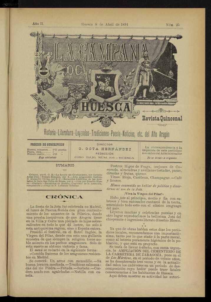 Miniatura de La Campana de Huesca: Historia, Literatura, Leyendas, Tradiciones, Poesía, Noticias, etc., del Alto Aragón del 8 de abril de 1894, nº 25