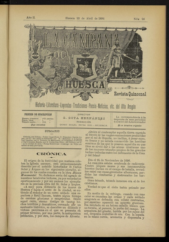 Miniatura de La Campana de Huesca: Historia, Literatura, Leyendas, Tradiciones, Poesía, Noticias, etc., del Alto Aragón del 22 de abril de 1894, nº 26