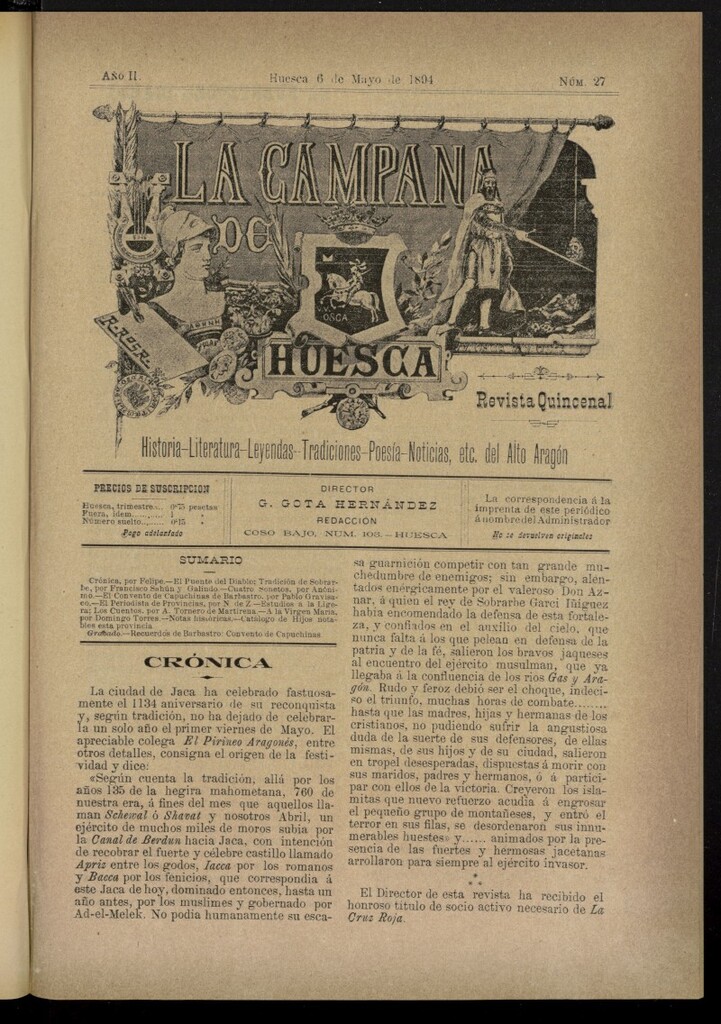 Miniatura de La Campana de Huesca: Historia, Literatura, Leyendas, Tradiciones, Poesía, Noticias, etc., del Alto Aragón del 6 de mayo de 1894, nº 27
