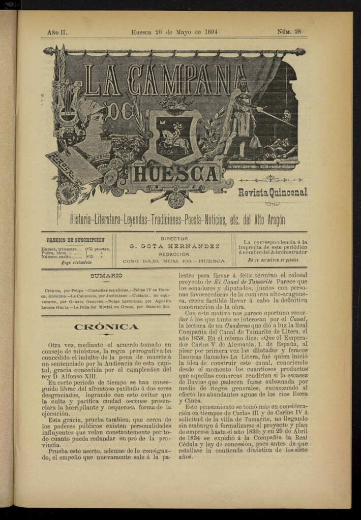 Miniatura de La Campana de Huesca: Historia, Literatura, Leyendas, Tradiciones, Poesía, Noticias, etc., del Alto Aragón del 20 de mayo de 1894, nº 28