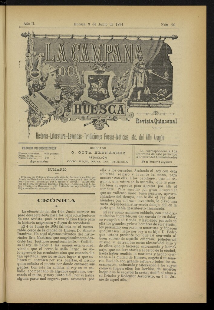 Miniatura de La Campana de Huesca: Historia, Literatura, Leyendas, Tradiciones, Poesía, Noticias, etc., del Alto Aragón del 3 de junio de 1894, nº 29