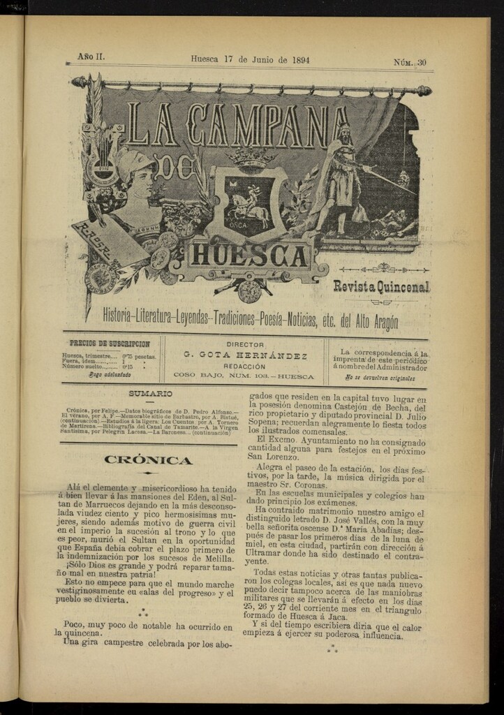Miniatura de La Campana de Huesca: Historia, Literatura, Leyendas, Tradiciones, Poesía, Noticias, etc., del Alto Aragón del 17 de junio de 1894, nº 30