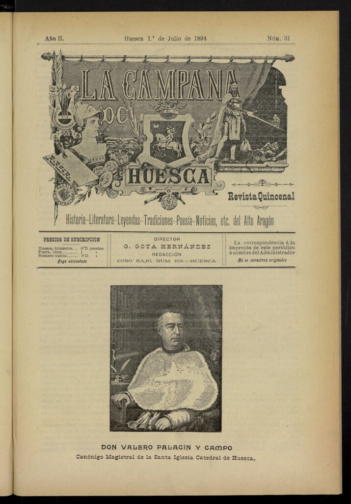 Miniatura de La Campana de Huesca: Historia, Literatura, Leyendas, Tradiciones, Poesía, Noticias, etc., del Alto Aragón del 1 de julio de 1894, nº 31