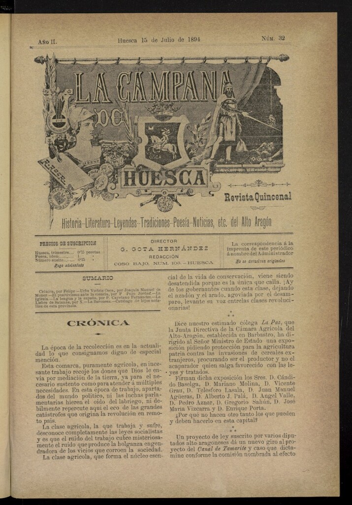 Miniatura de La Campana de Huesca: Historia, Literatura, Leyendas, Tradiciones, Poesía, Noticias, etc., del Alto Aragón del 15 de julio de 1894, nº 32