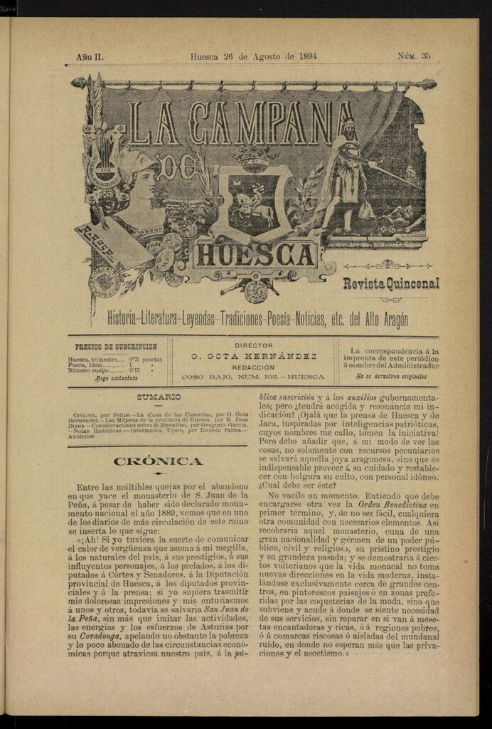 Miniatura de La Campana de Huesca: Historia, Literatura, Leyendas, Tradiciones, Poesía, Noticias, etc., del Alto Aragón del 26 de agosto de 1894, nº 35
