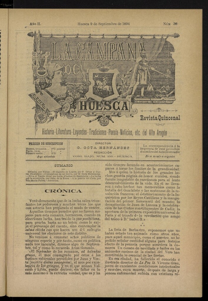 Miniatura de La Campana de Huesca: Historia, Literatura, Leyendas, Tradiciones, Poesía, Noticias, etc., del Alto Aragón del 9 de septiembre de 1894, nº 36