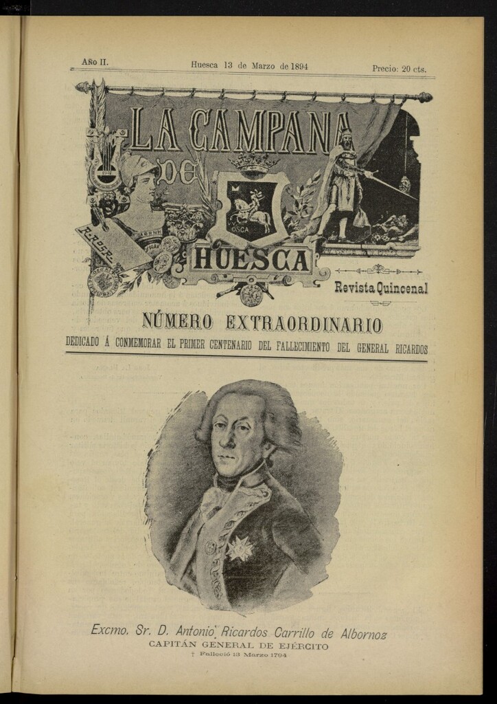 Miniatura de La Campana de Huesca: Historia, Literatura, Leyendas, Tradiciones, Poesía, Noticias, etc., del Alto Aragón del 13 de marzo de 1894, nº extraordinario