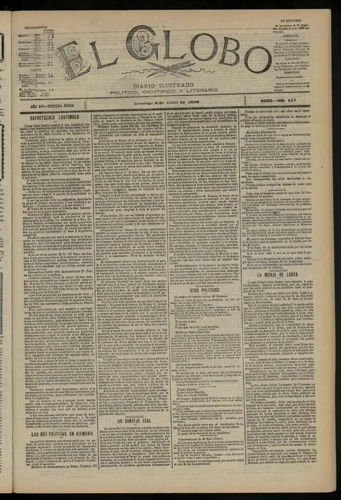 Miniatura de El Globo : diario ilustrado del 8 de abril de 1888, nº 4541