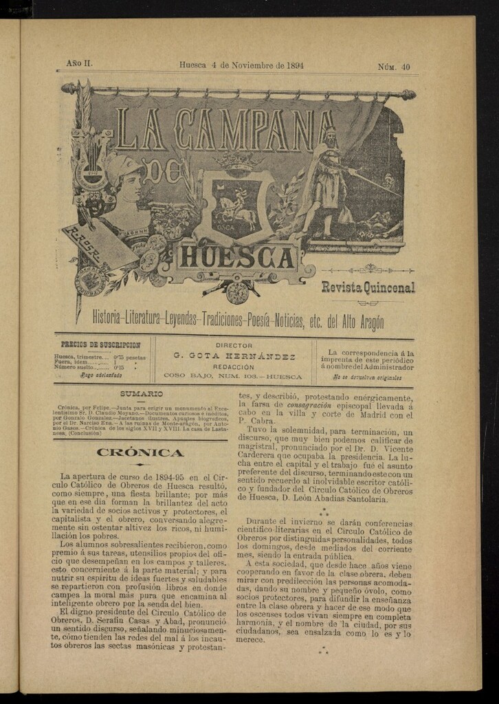 Miniatura de La Campana de Huesca: Historia, Literatura, Leyendas, Tradiciones, Poesía, Noticias, etc., del Alto Aragón del 4 de noviembre de 1894, nº 40