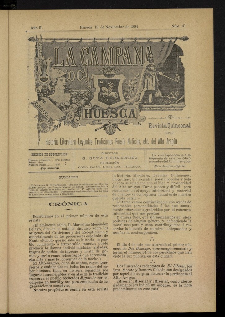 Miniatura de La Campana de Huesca: Historia, Literatura, Leyendas, Tradiciones, Poesía, Noticias, etc., del Alto Aragón del 18 de noviembre de 1894, nº 41