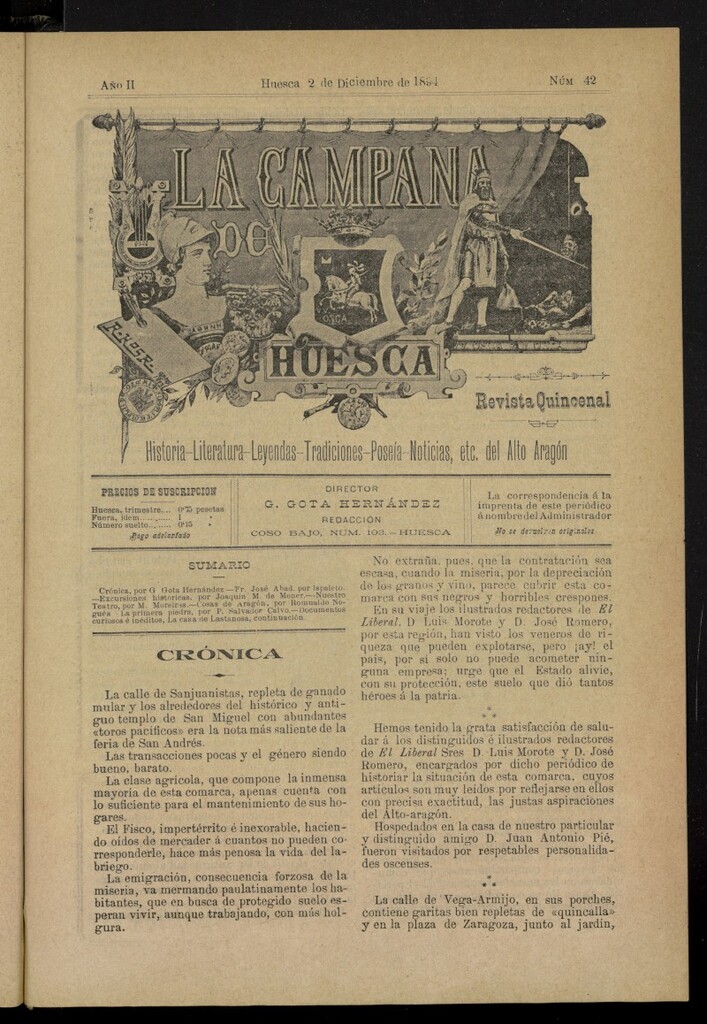 Miniatura de La Campana de Huesca: Historia, Literatura, Leyendas, Tradiciones, Poesía, Noticias, etc., del Alto Aragón del 2 de diciembre de 1894, nº 42