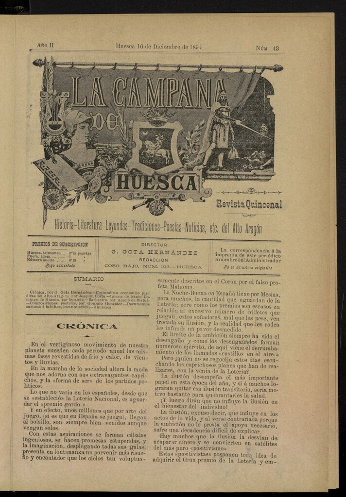 Miniatura de La Campana de Huesca: Historia, Literatura, Leyendas, Tradiciones, Poesía, Noticias, etc., del Alto Aragón del 16 de diciembre de 1894, nº 43