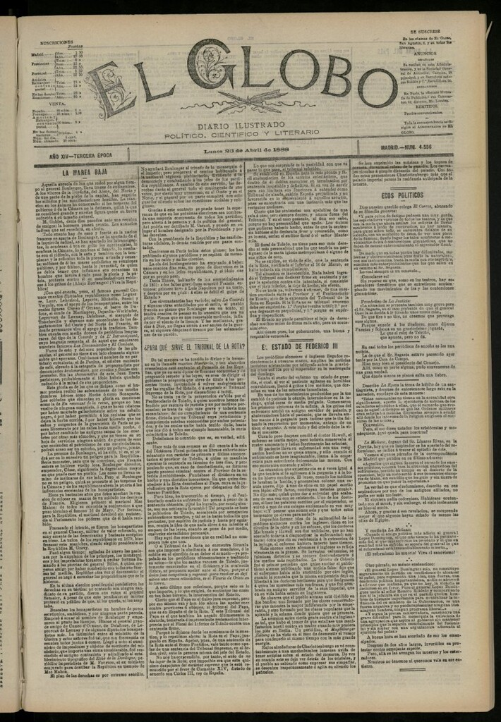 Miniatura de El Globo : diario ilustrado del 23 de abril de 1888, nº 4556