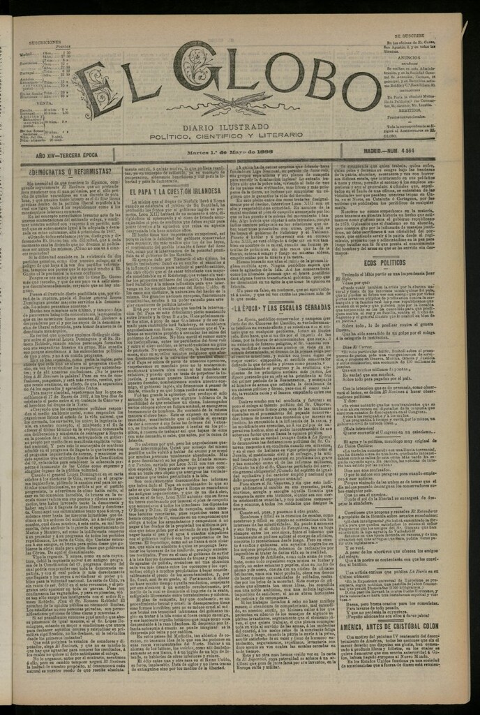 Miniatura de El Globo : diario ilustrado del 1 de mayo de 1888, nº 4564