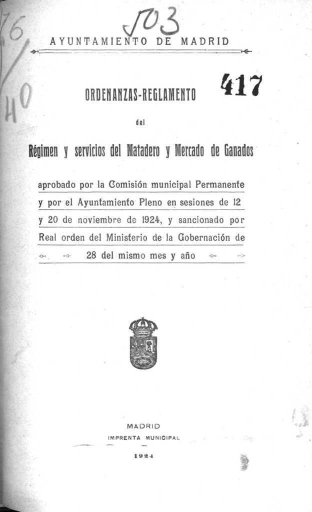 Miniatura de Ordenanzas Reglamento del régimen y servicios del matadero y mercado de ganados.