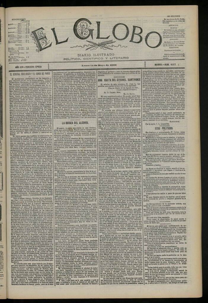 Miniatura de El Globo : diario ilustrado del 14 de mayo de 1888, nº 4577
