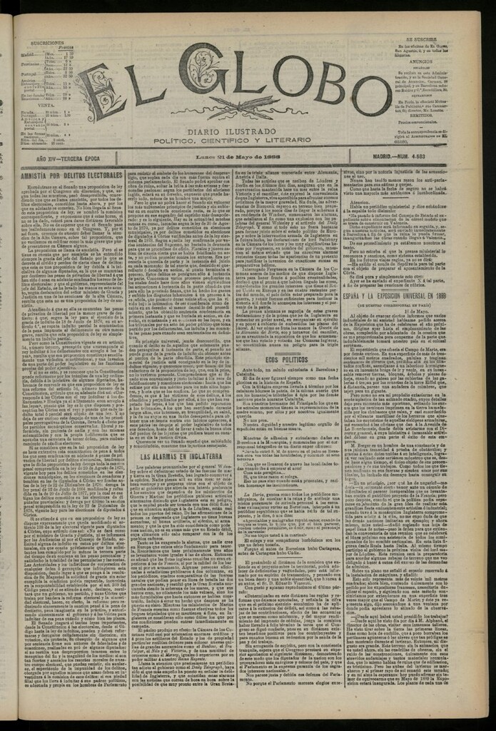 Miniatura de El Globo : diario ilustrado del 21 de mayo de 1888, nº 4583