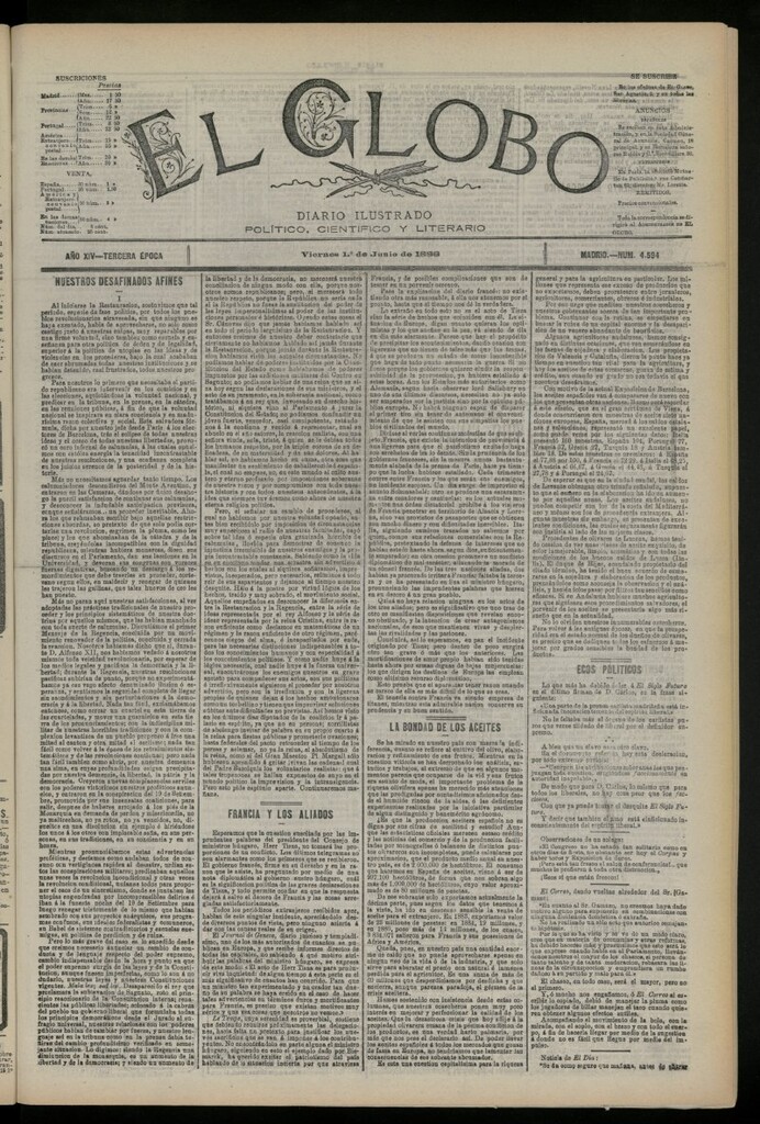 Miniatura de El Globo : diario ilustrado del 1 de junio de 1888, nº 4594