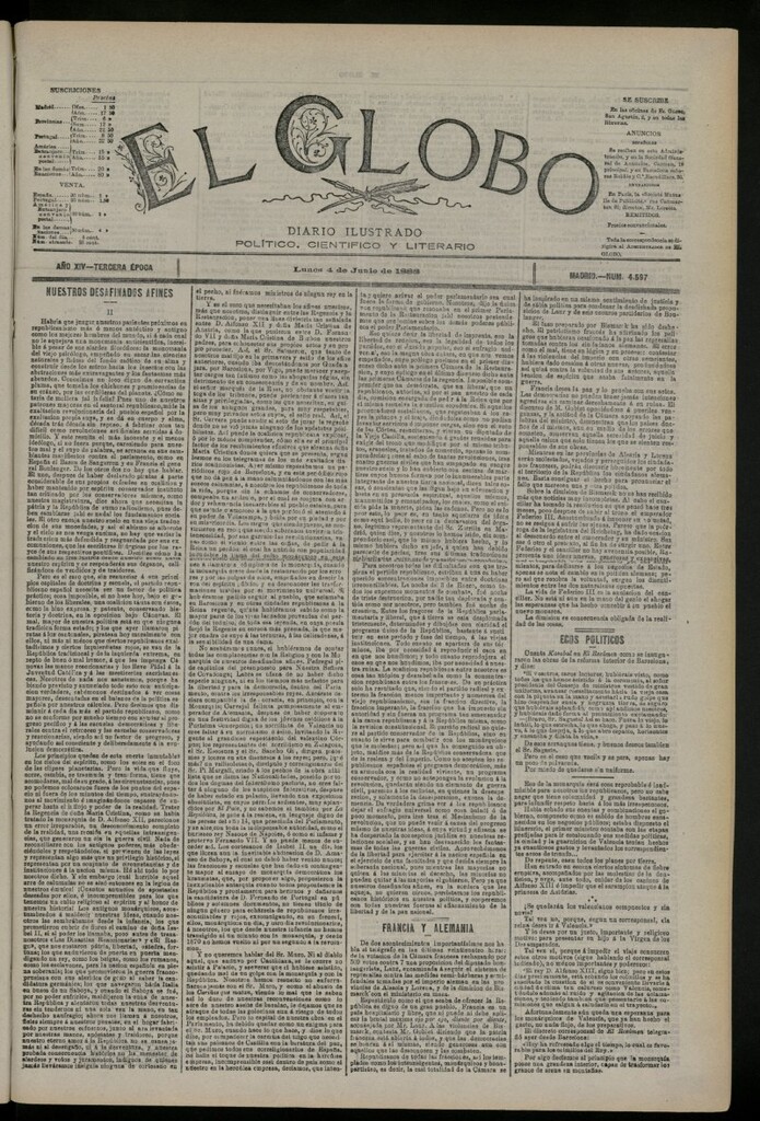Miniatura de El Globo : diario ilustrado del 4 de junio de 1888, nº 4597