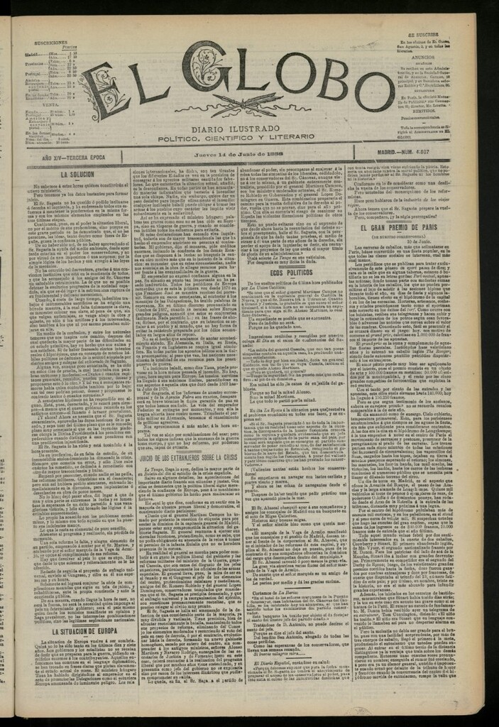 Miniatura de El Globo : diario ilustrado del 14 de junio de 1888, nº 4607