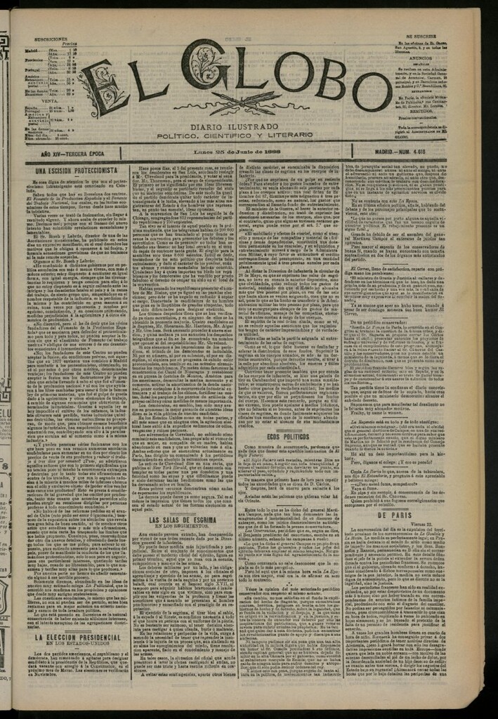 Miniatura de El Globo : diario ilustrado del 25 de junio de 1888, nº 4618