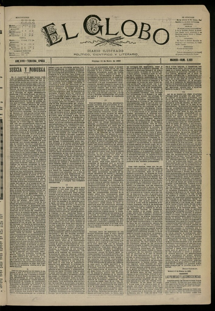 Miniatura de El Globo : diario ilustrado del 10 de enero de 1892, nº 5909
