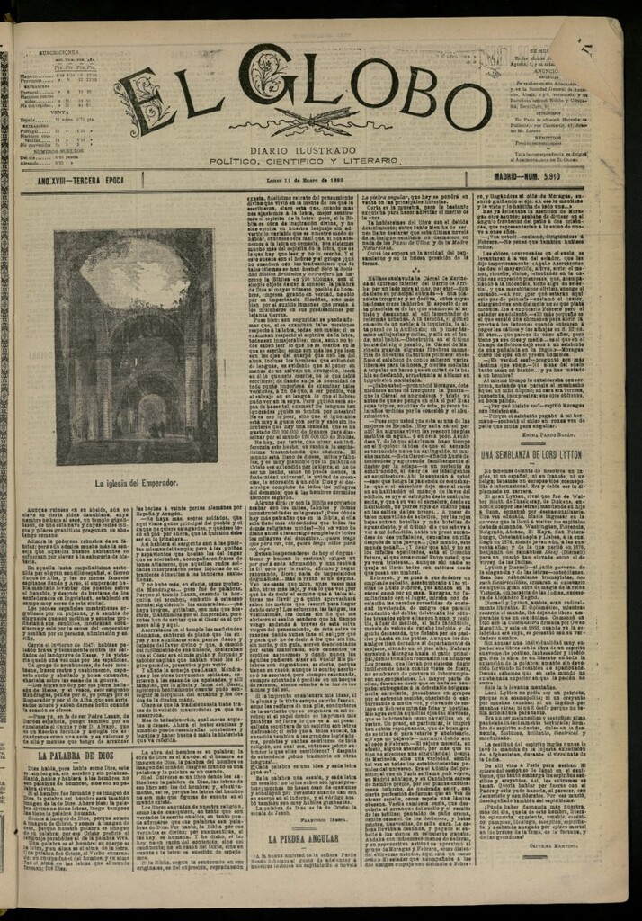 Miniatura de El Globo : diario ilustrado del 11 de enero de 1892, nº 5910