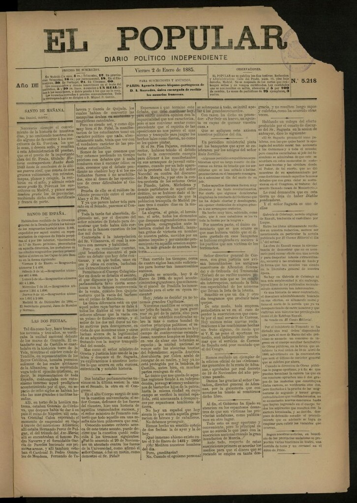 Miniatura de El Popular: diario independiente, político, literario y de noticias de interés general