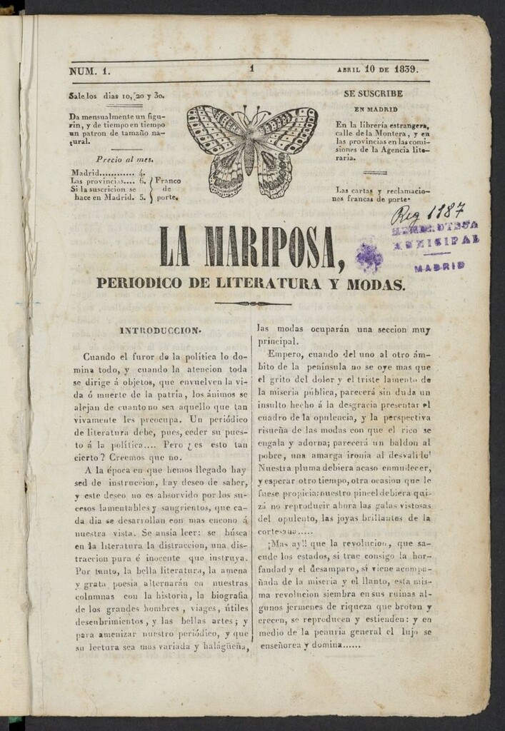 Miniatura de La Mariposa: periódico de literatura y modas