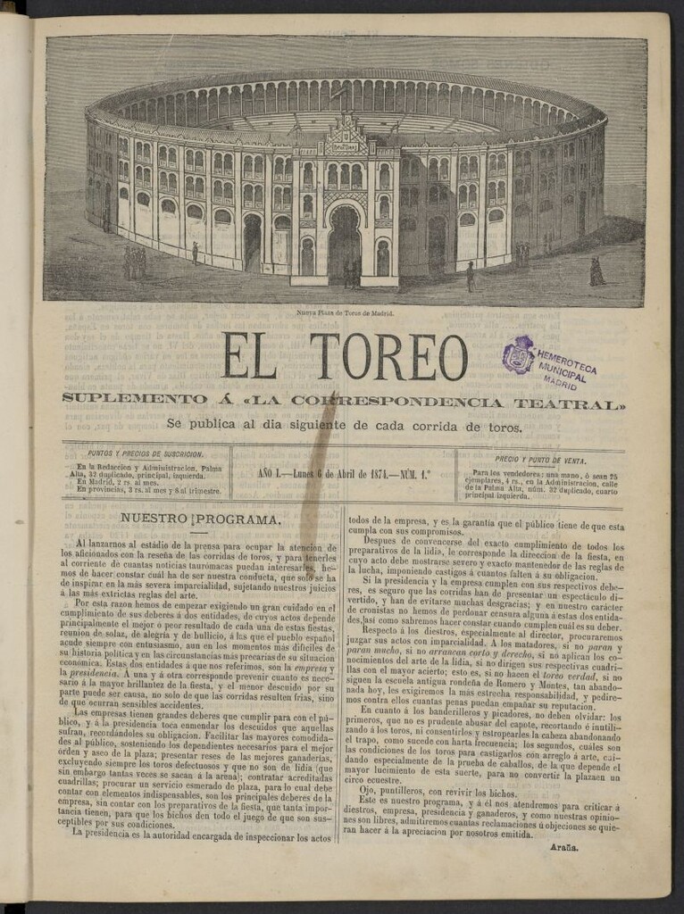 Miniatura de El Toreo: suplemento a "La Correspondencia Teatral"