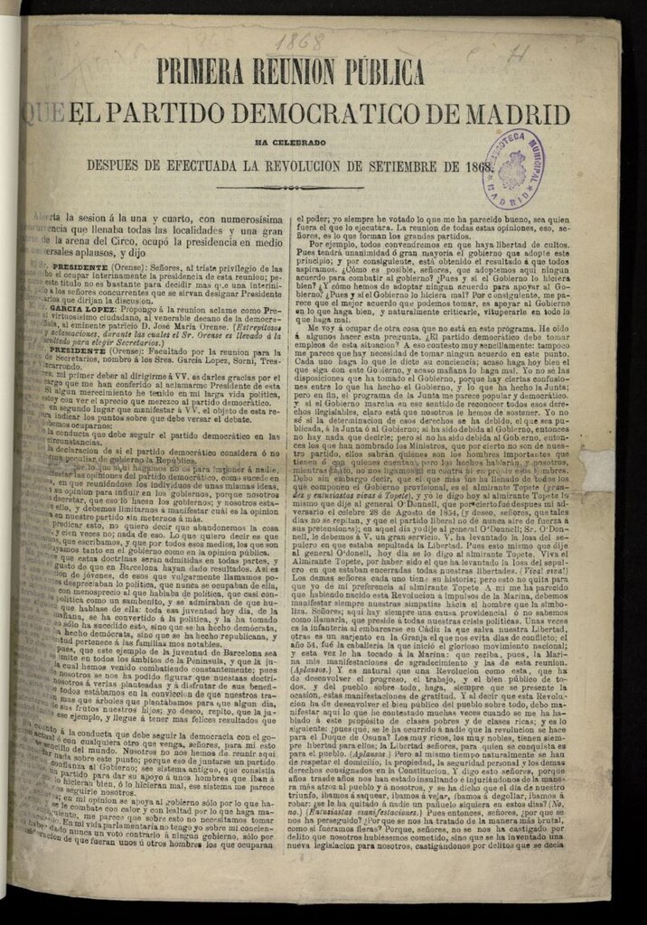 Miniatura de Reunión pública que el partido democrático de Madrid ha celebrado después de efectuada la revolución de septiembre de 1868