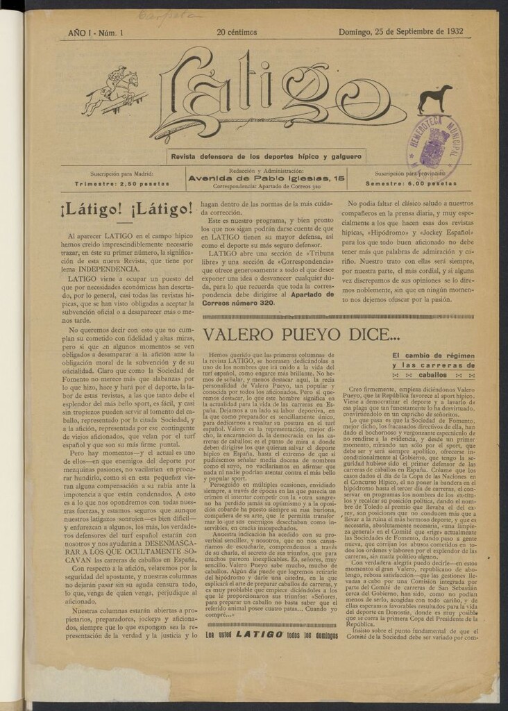 Miniatura de Látigo: revista defensora de los deportes hípico y galguero