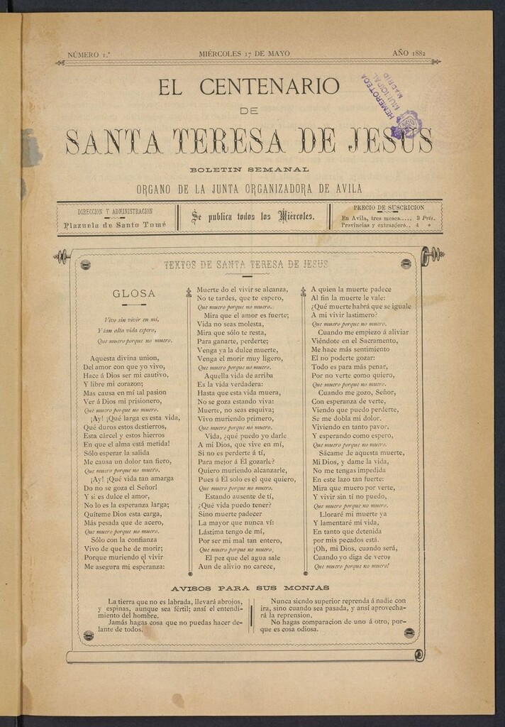 Miniatura de El Centenario de Santa Teresa de Jesús: órgano de la junta organizadora de Avila