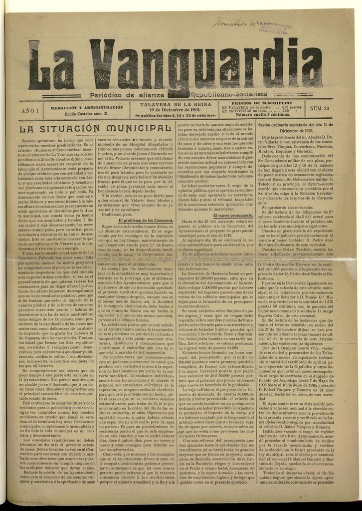 Miniatura de La Vanguardia (Talavera de la Reina, 1912)