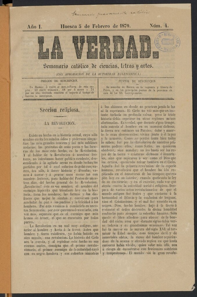 Miniatura de La Verdad (Huesca, 1870)