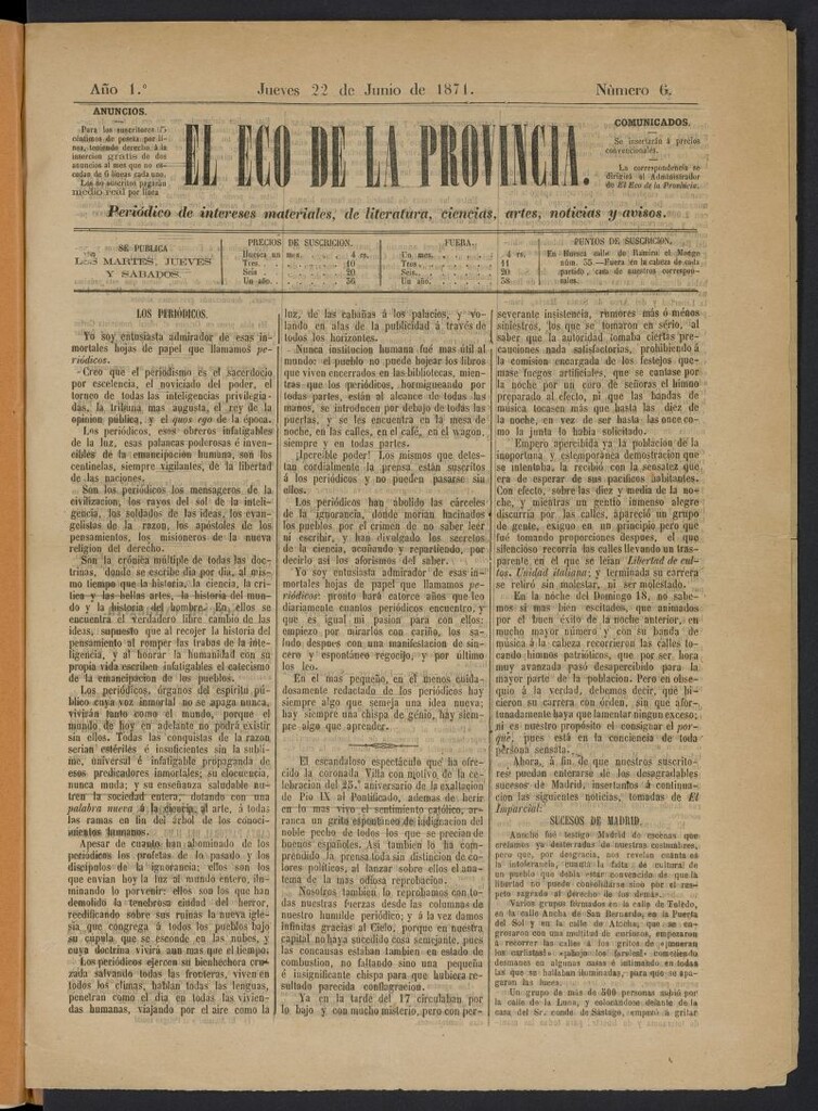 Miniatura de El Eco de la provincia (Huesca, 1871)