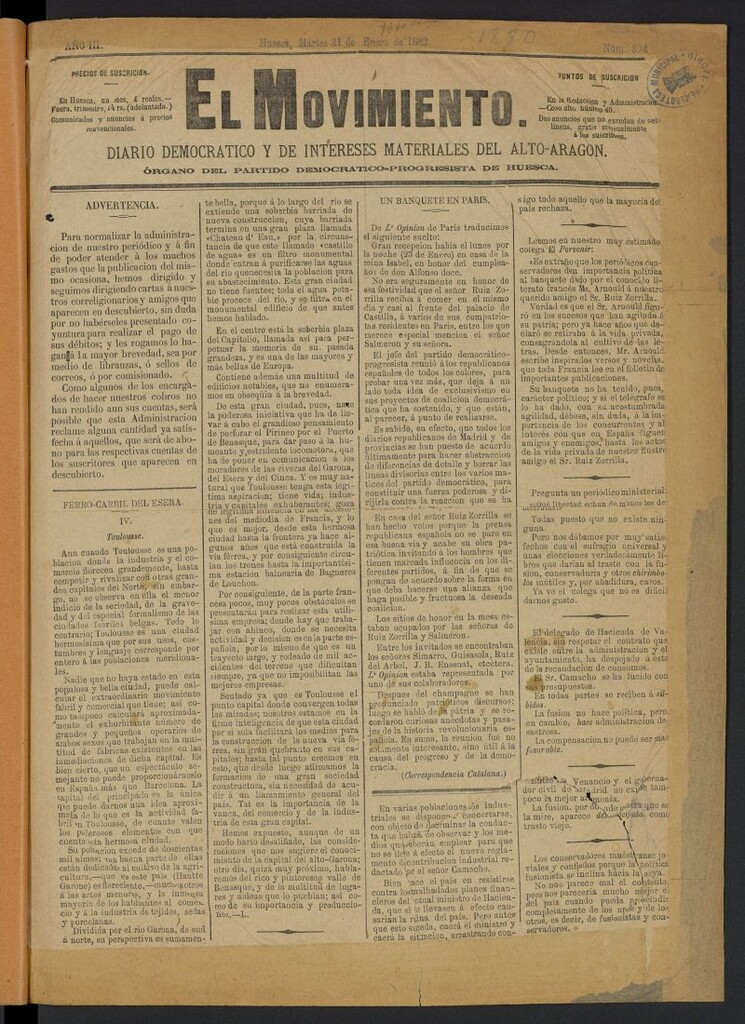 Miniatura de El Movimiento (Huesca. 1882)