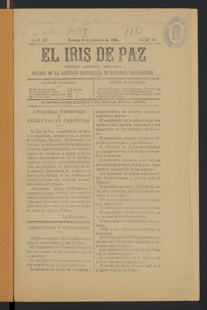 Miniatura de El Iris de Paz: periódico quincenal espiritista