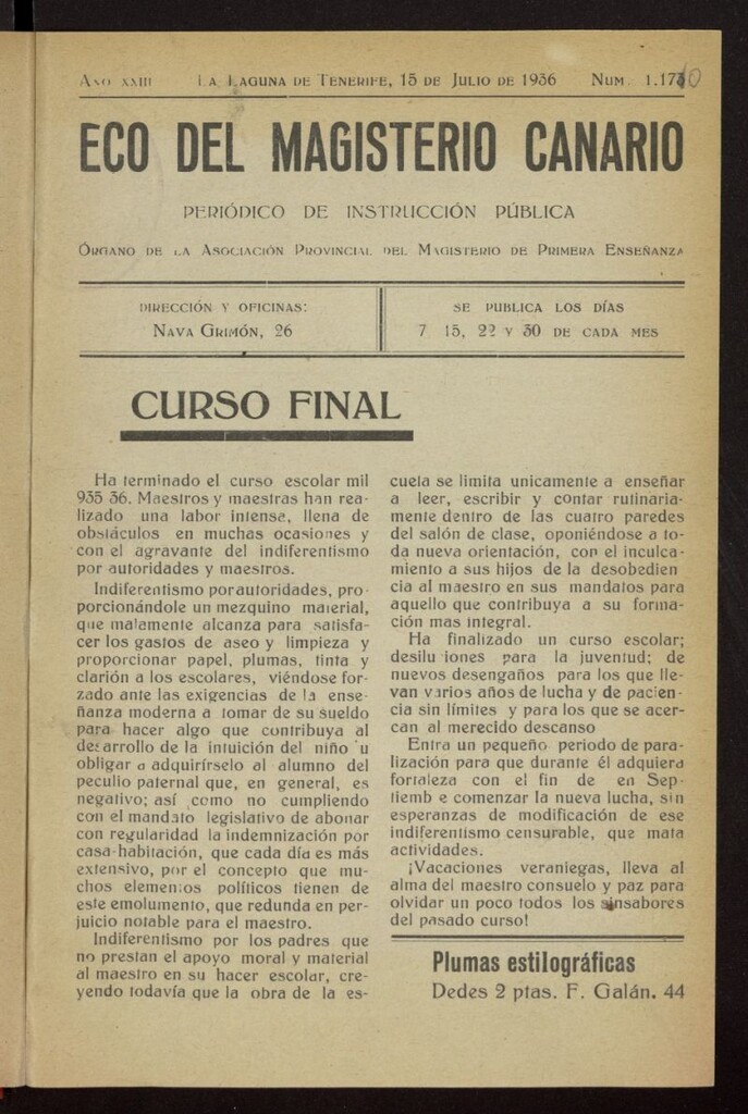 Miniatura de Eco del Magisterio Canario: periódico de instrucción pública